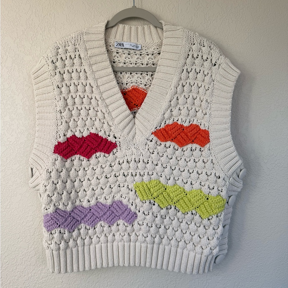 Zara Womens Multicolor Chunky Knit V-Neck Sleeveless Sweater Vest Size Large - Picture 2 of 14